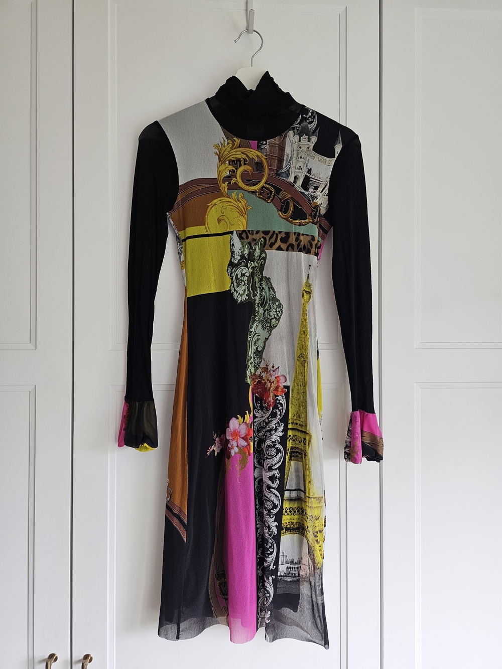 Fehu Italian Designer Long-Sleeve Sheer Paris Printed Turtleneck Dress - Size XS